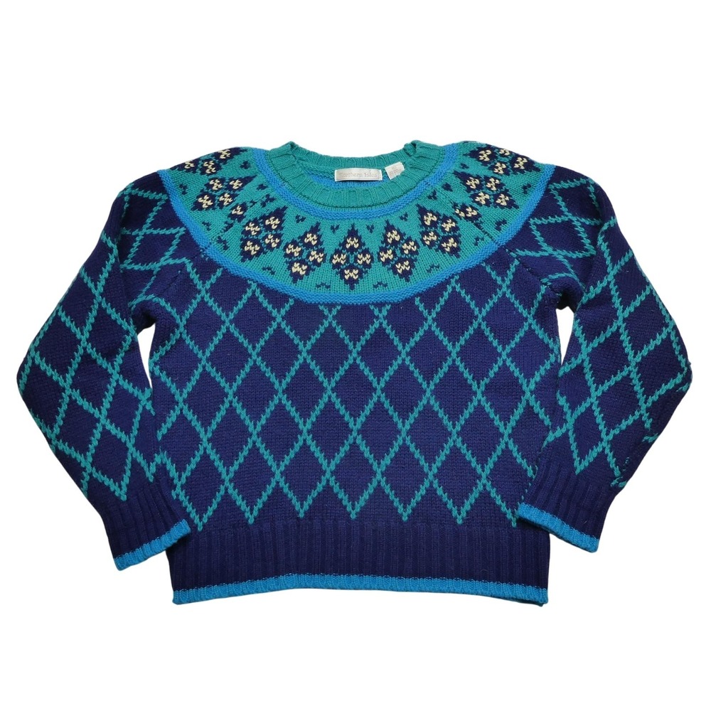 Vintage Northern Isles Sweater‎ Womens L Blue Green Fair Isle Argyle Wool Blend
